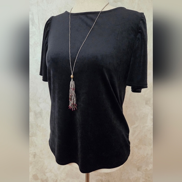 LOFT Black Velvet Puff Sleeve Top Medium - Picture 2 of 9